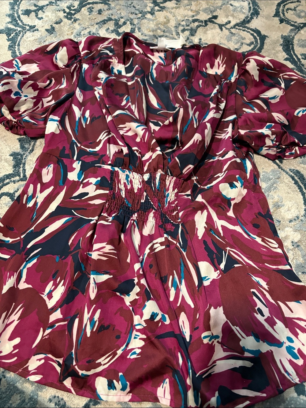 Fashion Bug Burgundy Floral Print Blouse with Teal and White Accents